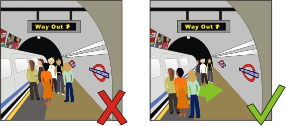 Top Tube Travel Tip two diagram, showing people getting in the way of others disembarking the tube
