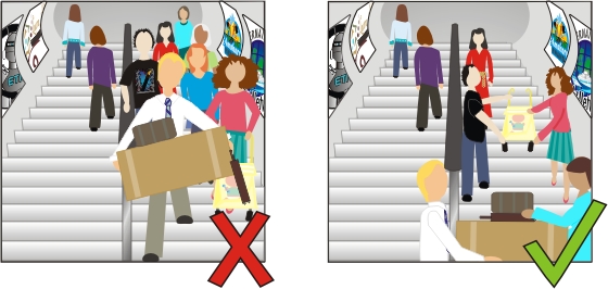 Top Tube Travel Tip eight diagram, showing people watching others struggling to get down the stairs while carrying heavy boxes
